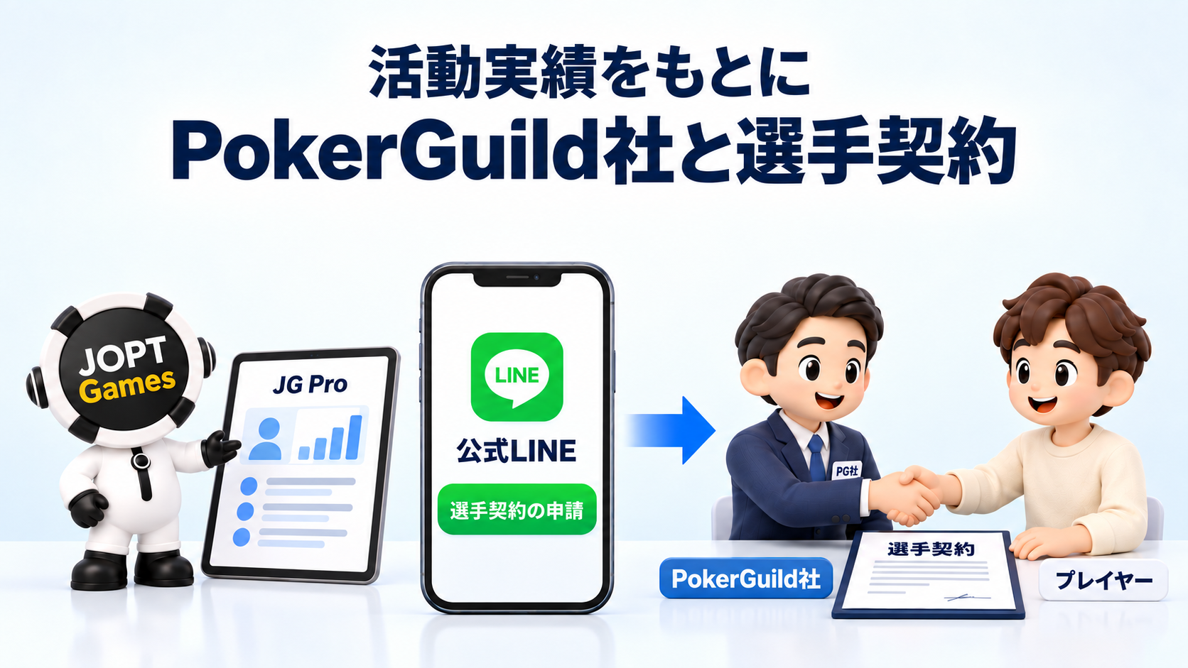 JG Proでの活動実績をもとにポーカーギルド社と選手契約を結ぶイメージ